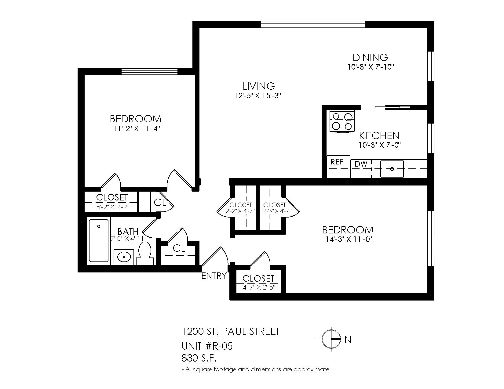 Floor plan for 2 beds, 1 bath, 830 sqft